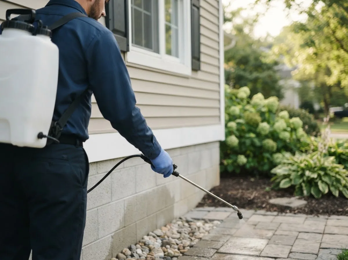 Pest control technician inspecting a home in Anson, ME